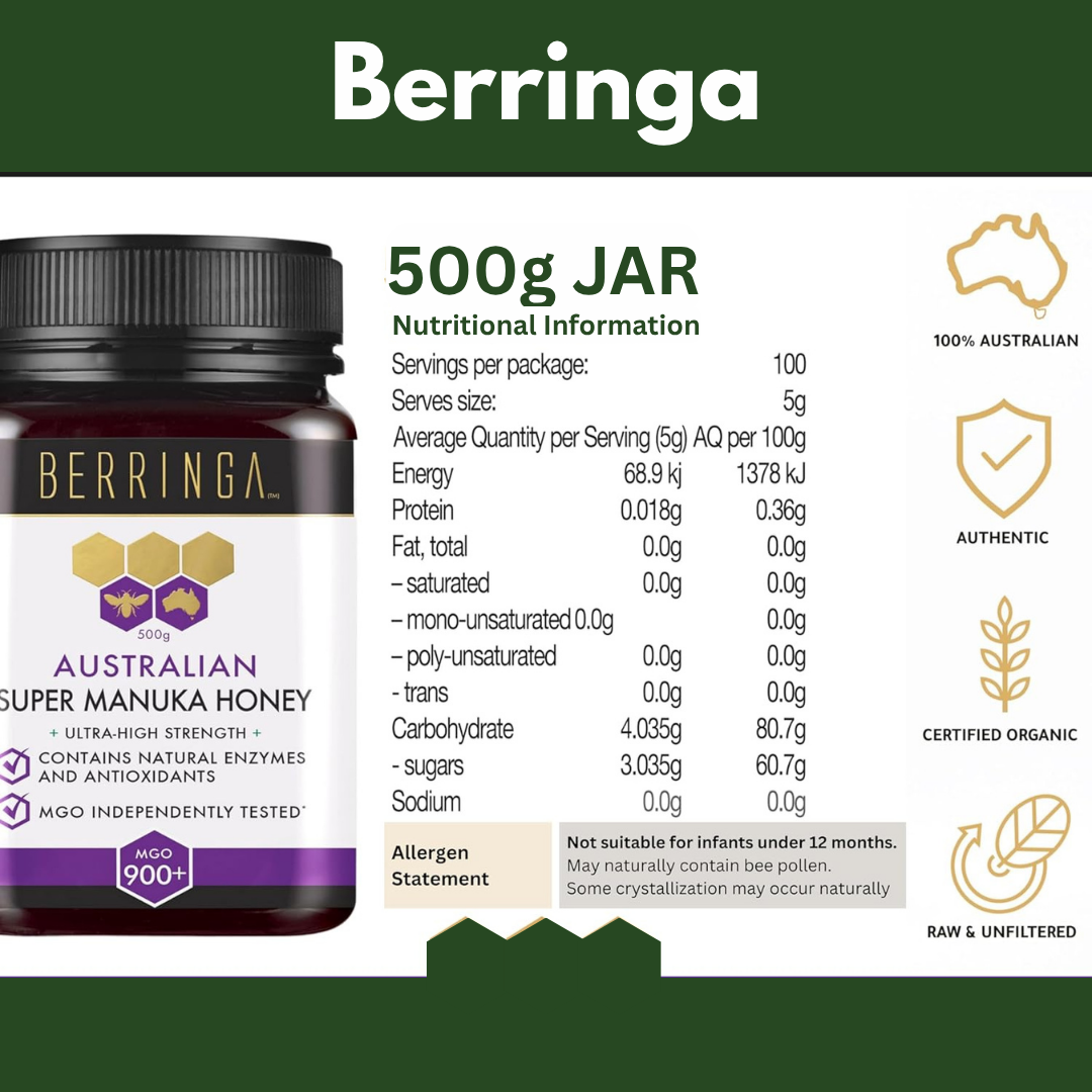Berringa Australian Super Manuka Honey jar with nutritional information on a green background