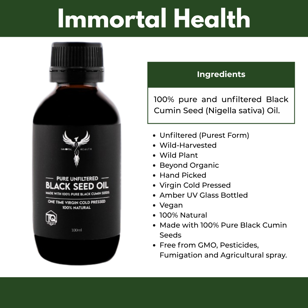 Black seed oil bottle with label and ingredients listed on a white background