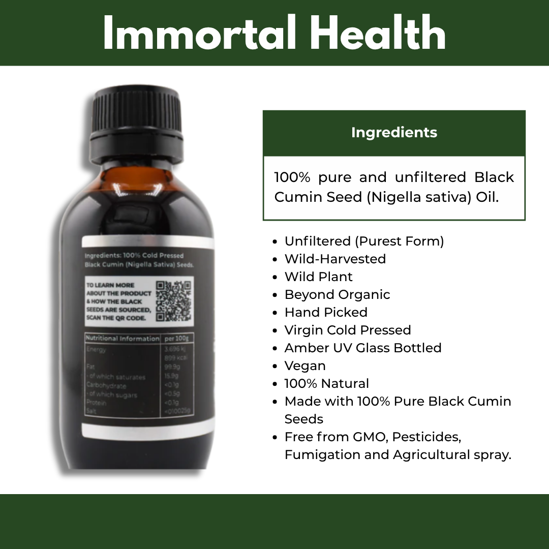 Bottle of Immortal Health Black Cumin Seed Oil with detailed label and green background