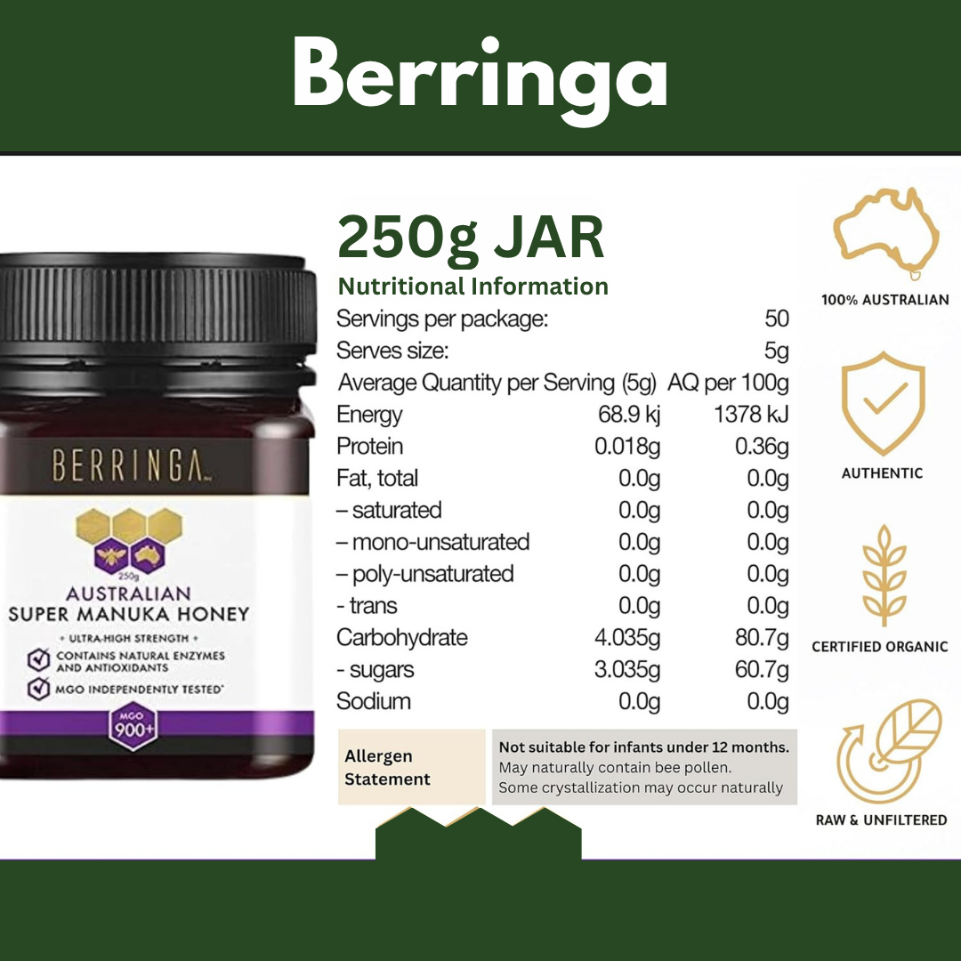 Berringa Australian Super Manuka Honey jar with nutritional information on a green background