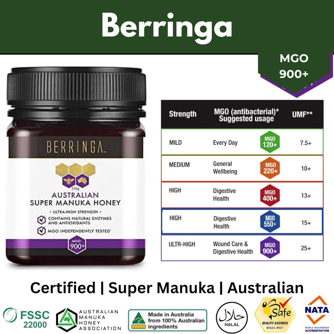 Berringa Australian Super Manuka Honey jar with strength and usage chart on a green background