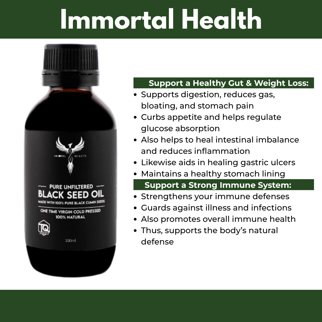 Black seed oil bottle with health benefits listed on a white background