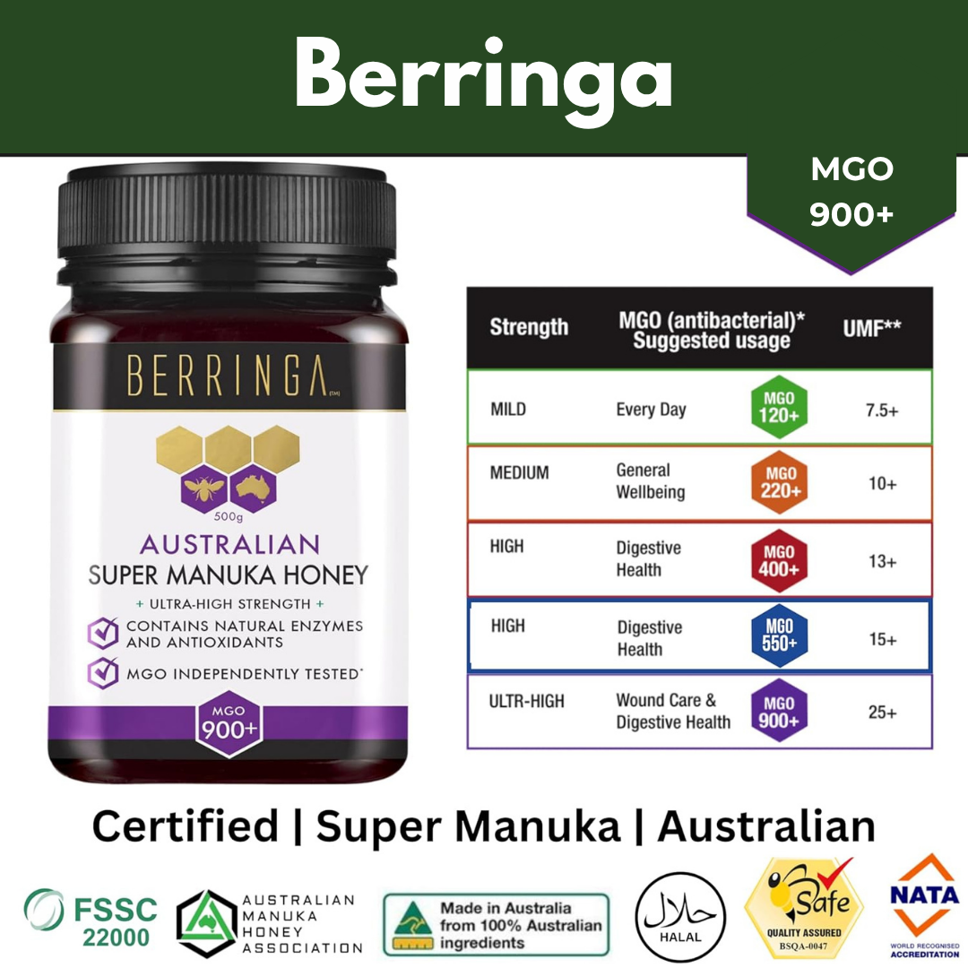 Berringa Australian Super Manuka Honey bottle with certification logos and strength rating chart on a green background.