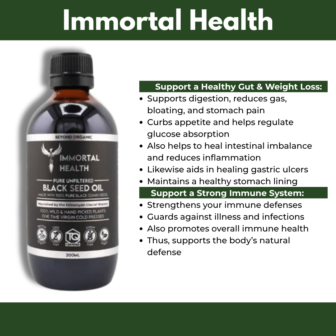 Black bottle of Immortal Health Black Seed Oil with product details on a white background