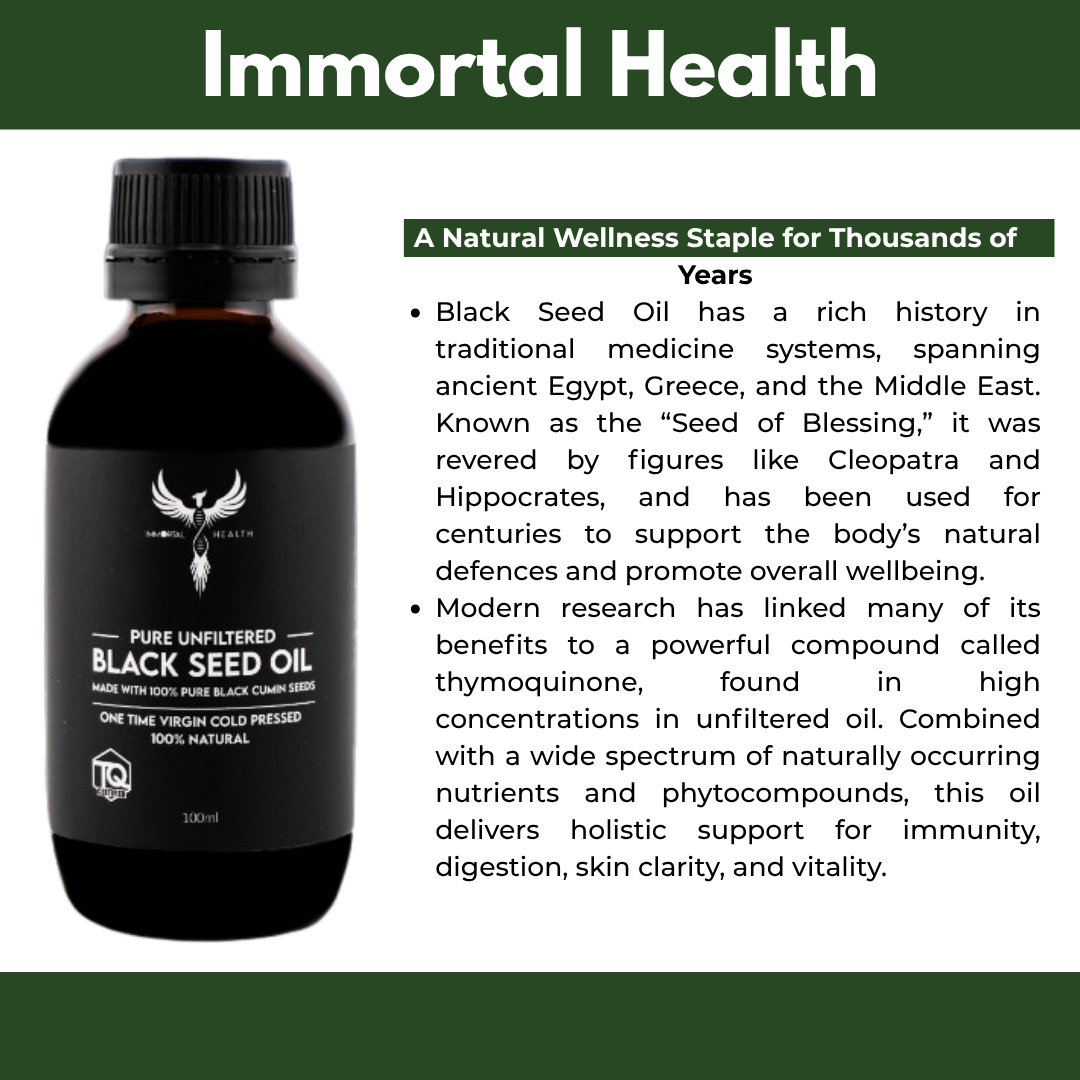 Black Seed Oil bottle with descriptive text about its history and benefits on a white background.