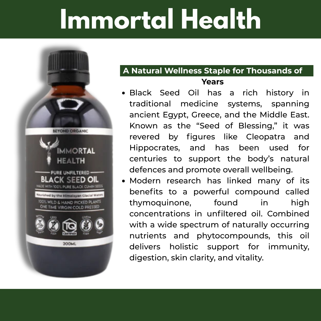 Black Seed Oil bottle with 'Immortal Health' branding on a white background