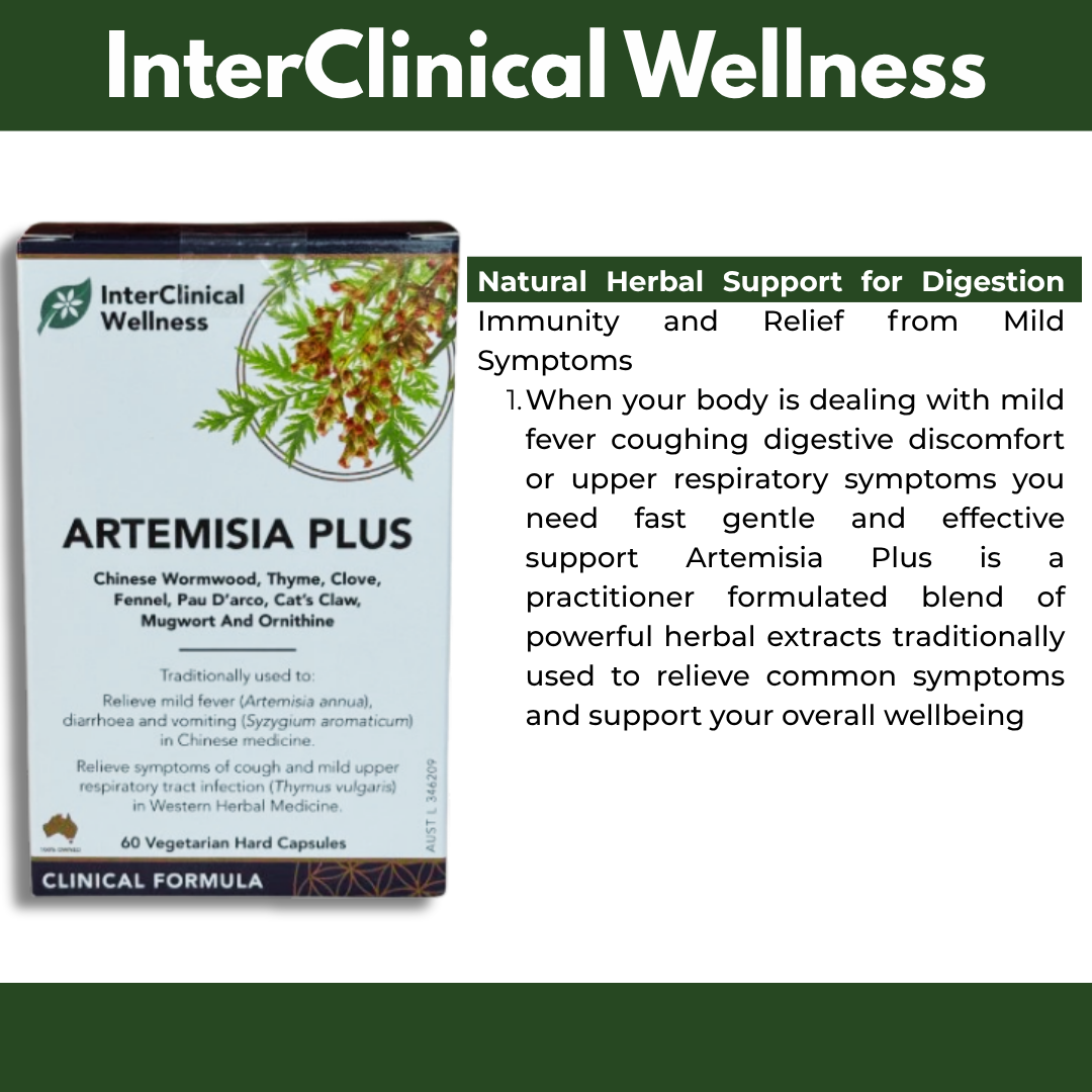 InterClinical Wellness Artemisia Plus packaging with product description on a green and white background