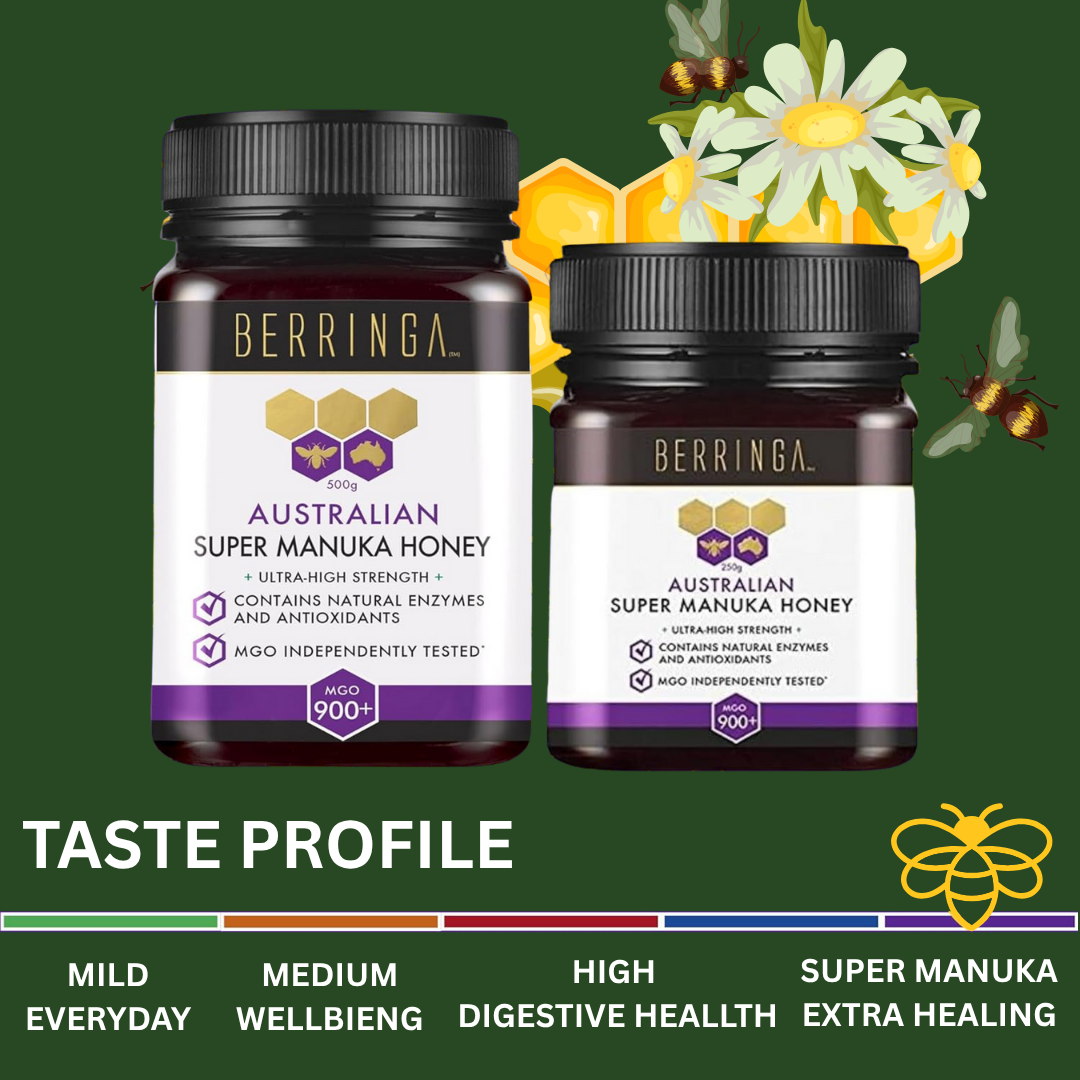 Two bottles of Berringa Australian Super Manuka Honey with floral elements on a green background.