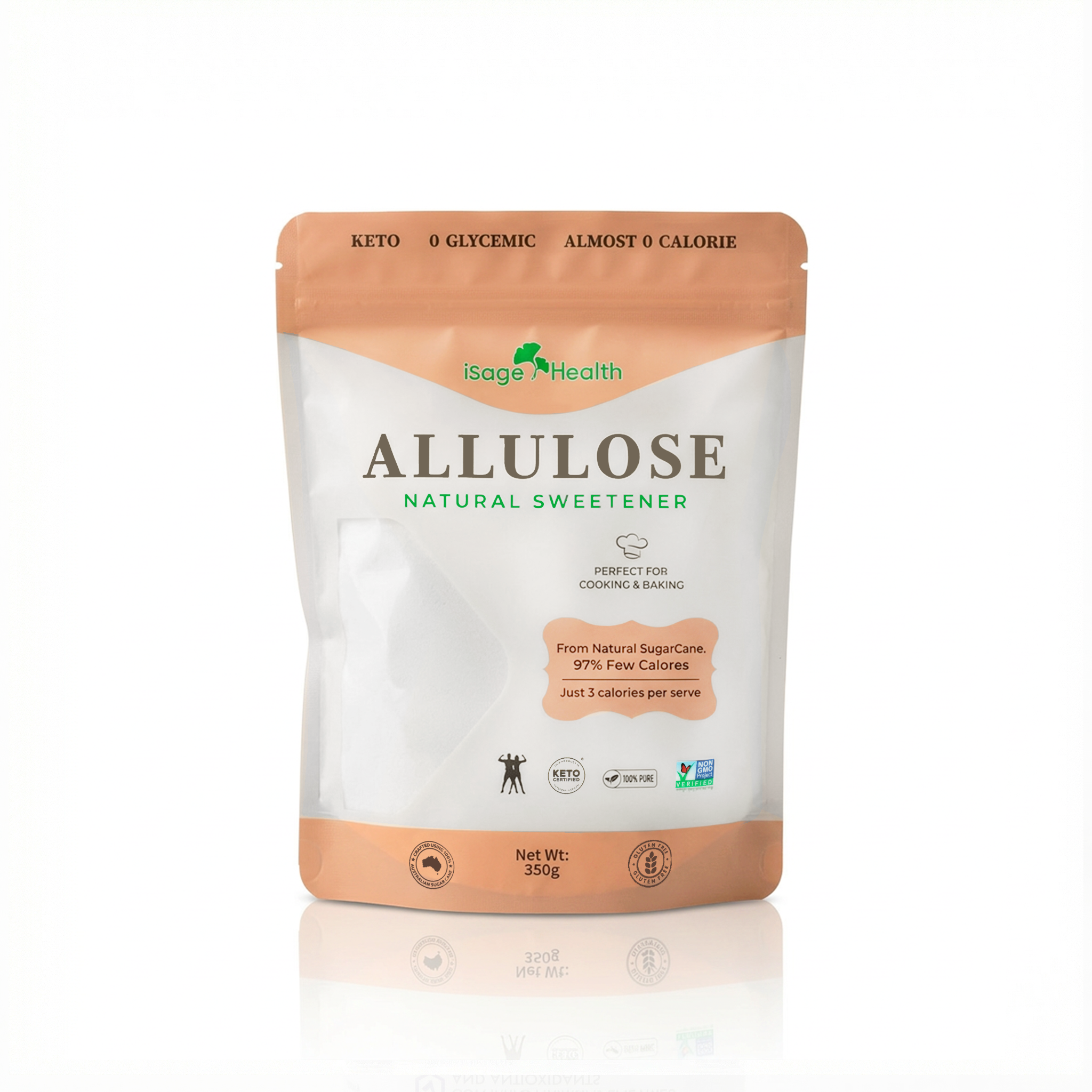Package of Allulose natural sweetener with branding on a white background