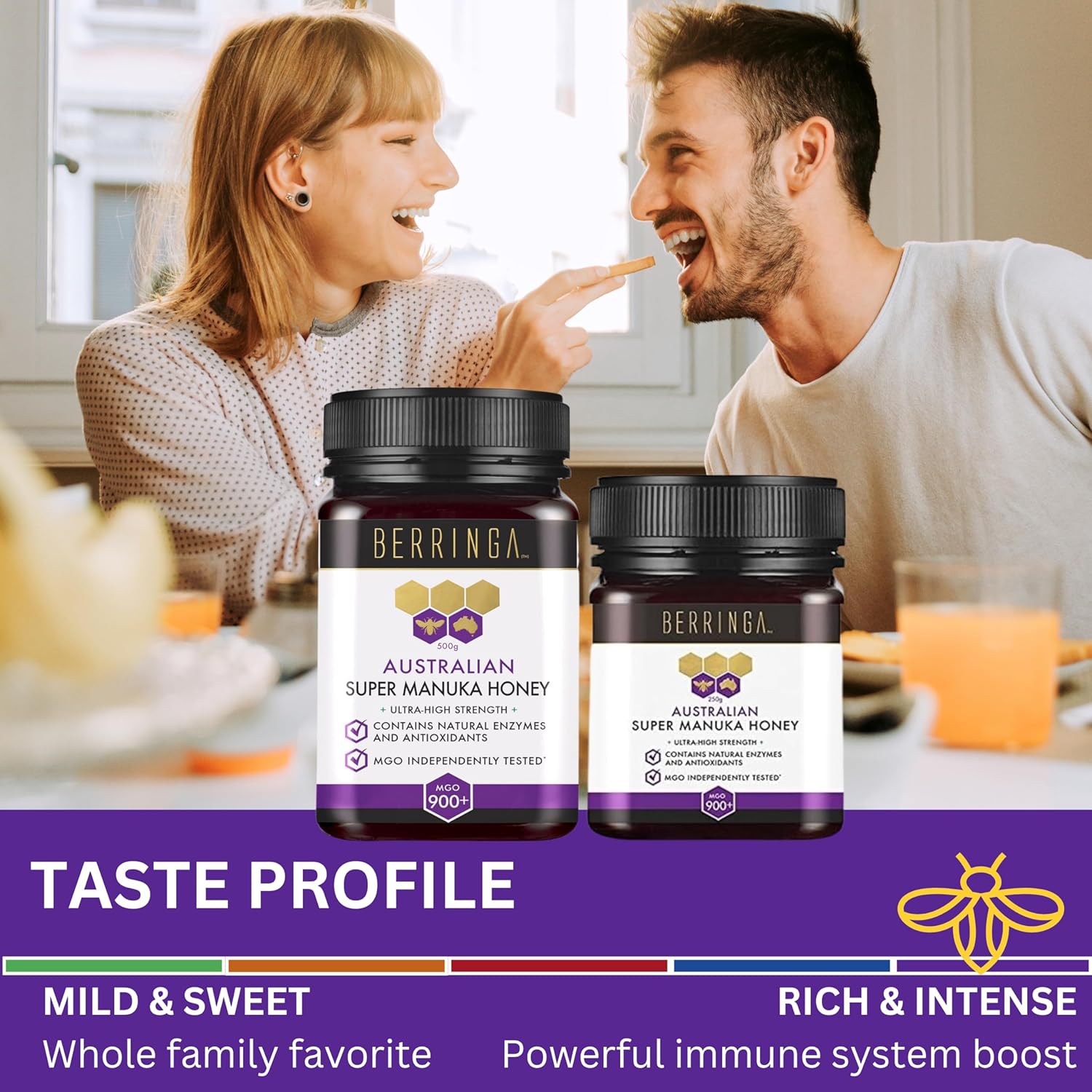 Two bottles of Berringa Australian Super Manuka Honey with a couple sitting at a table in the background.