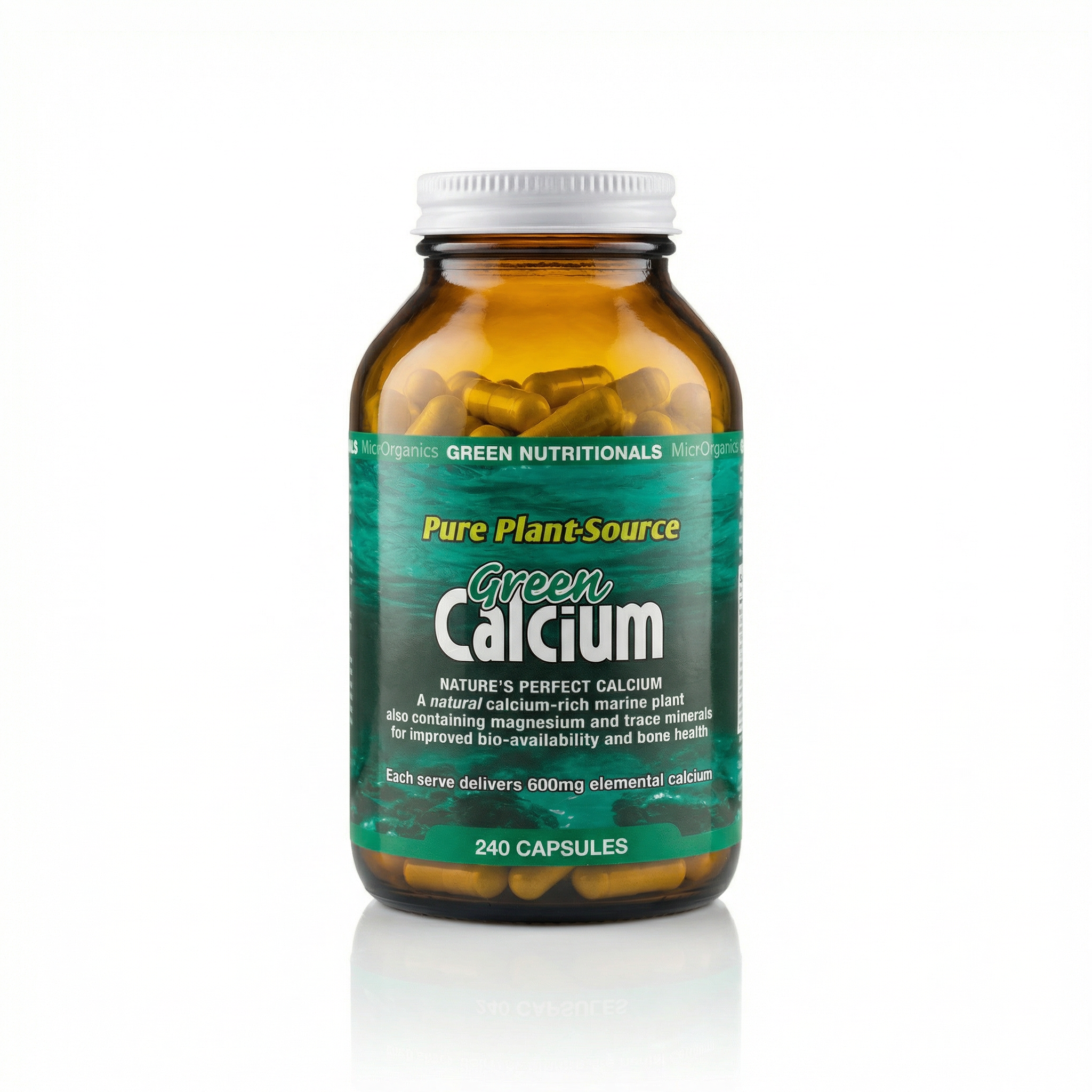 Bottle of Green Nutritionals Pure Plant-Source Green Calcium on a white background