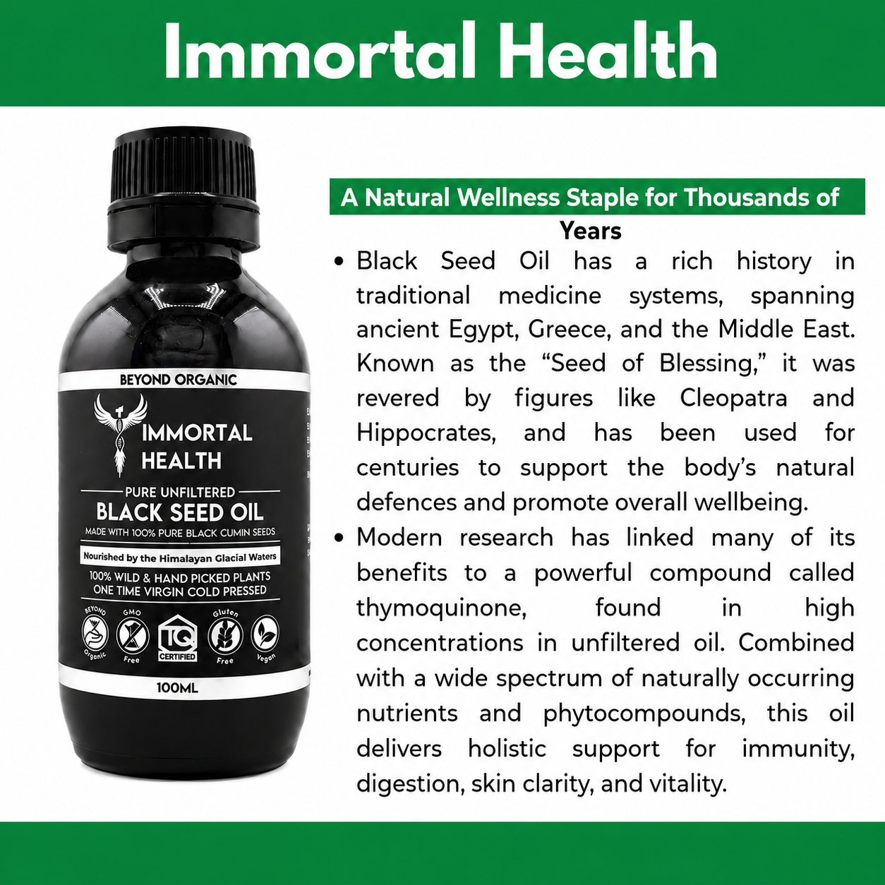 Immortal Health Pure Unfiltered Black Seed Oil — Wild-Harvested Nigella Sativa | 1.9–2% TQ Guaranteed