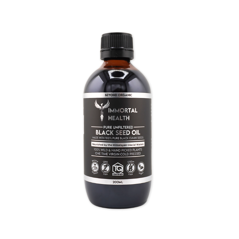 Bottle of Immortal Health black seed oil on a white background