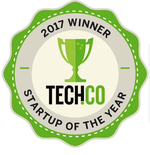 A circular green and white Tech.co award badge reading '2017 Winner Startup of the Year' with a trophy icon in the center.