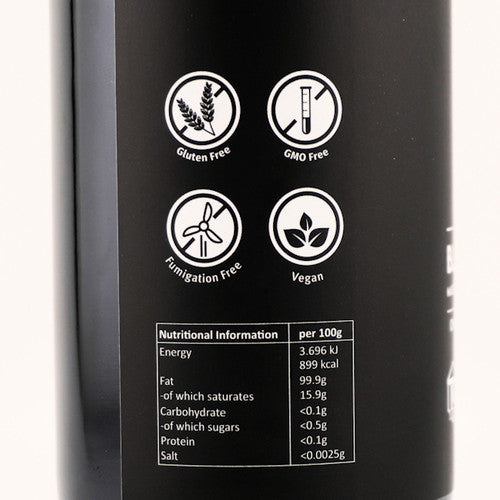Black container with certification icons and nutritional information on a white background