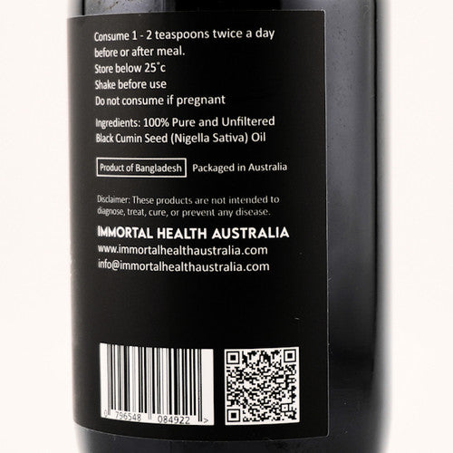 Back label of a bottle containing Immortal Health Australia product with text and contact information.