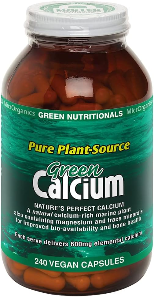 Bottle of Green Nutritionals Pure Plant-Source Green Calcium capsules on a white background