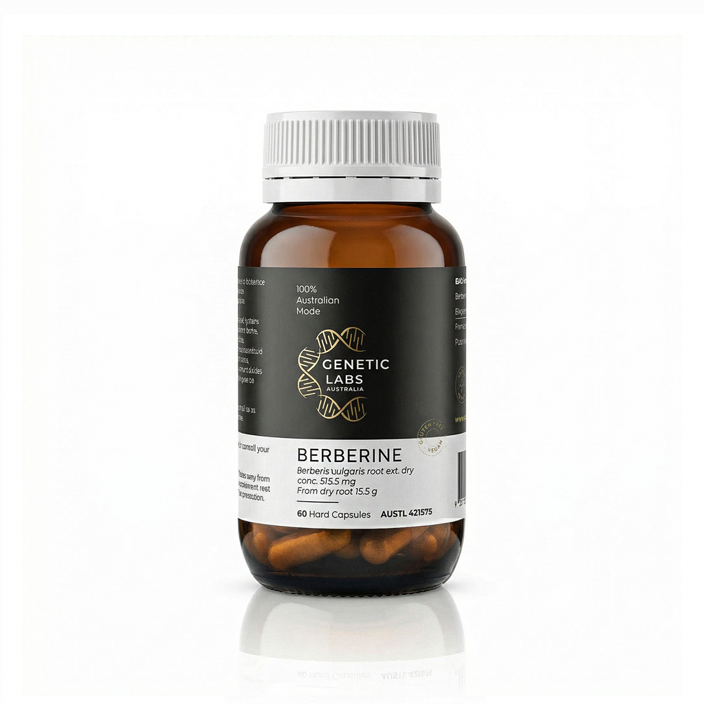 Bottle of Genetic Labs Berberine capsules on a white background
