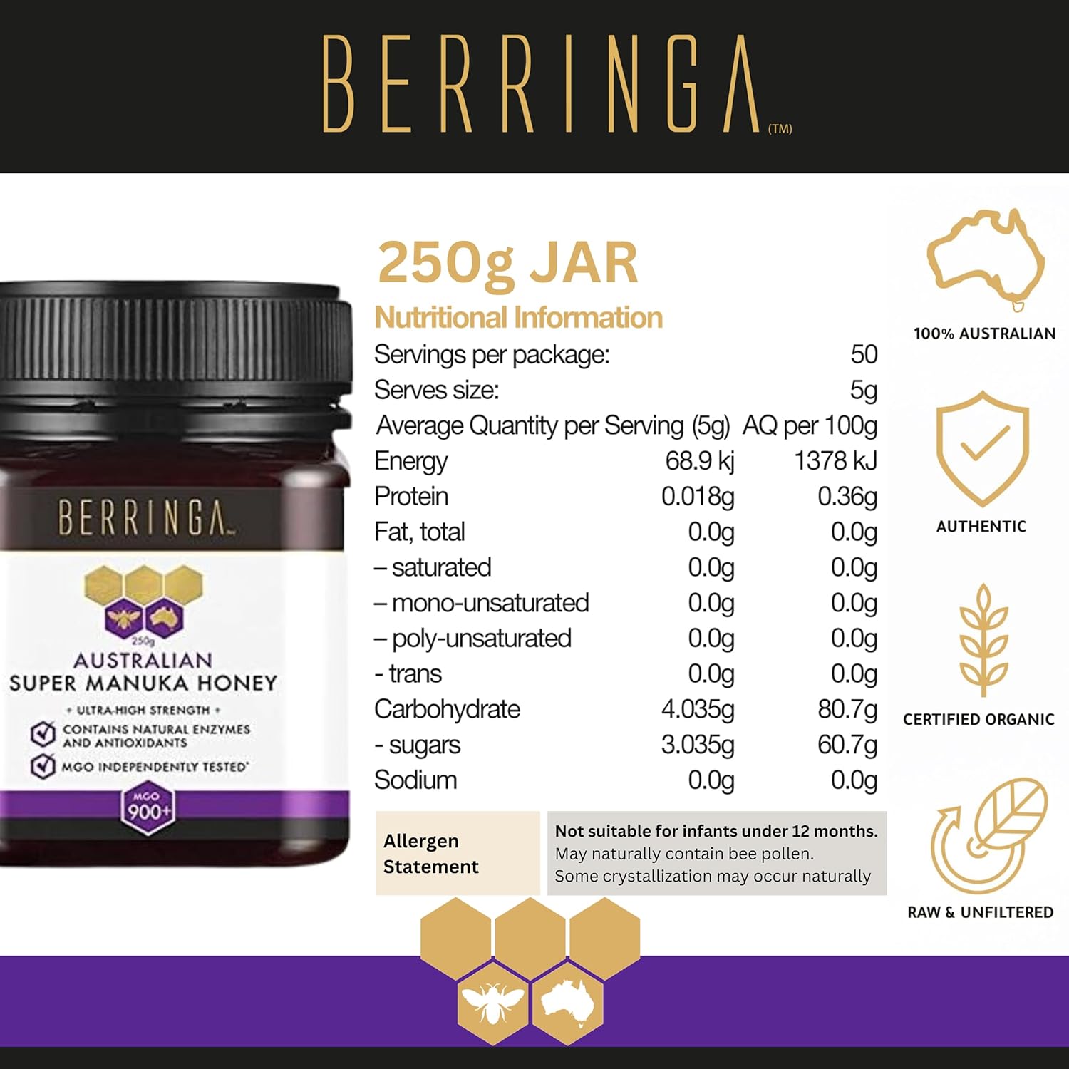 Berringa Australian Super Manuka Honey jar with nutritional information on a black background