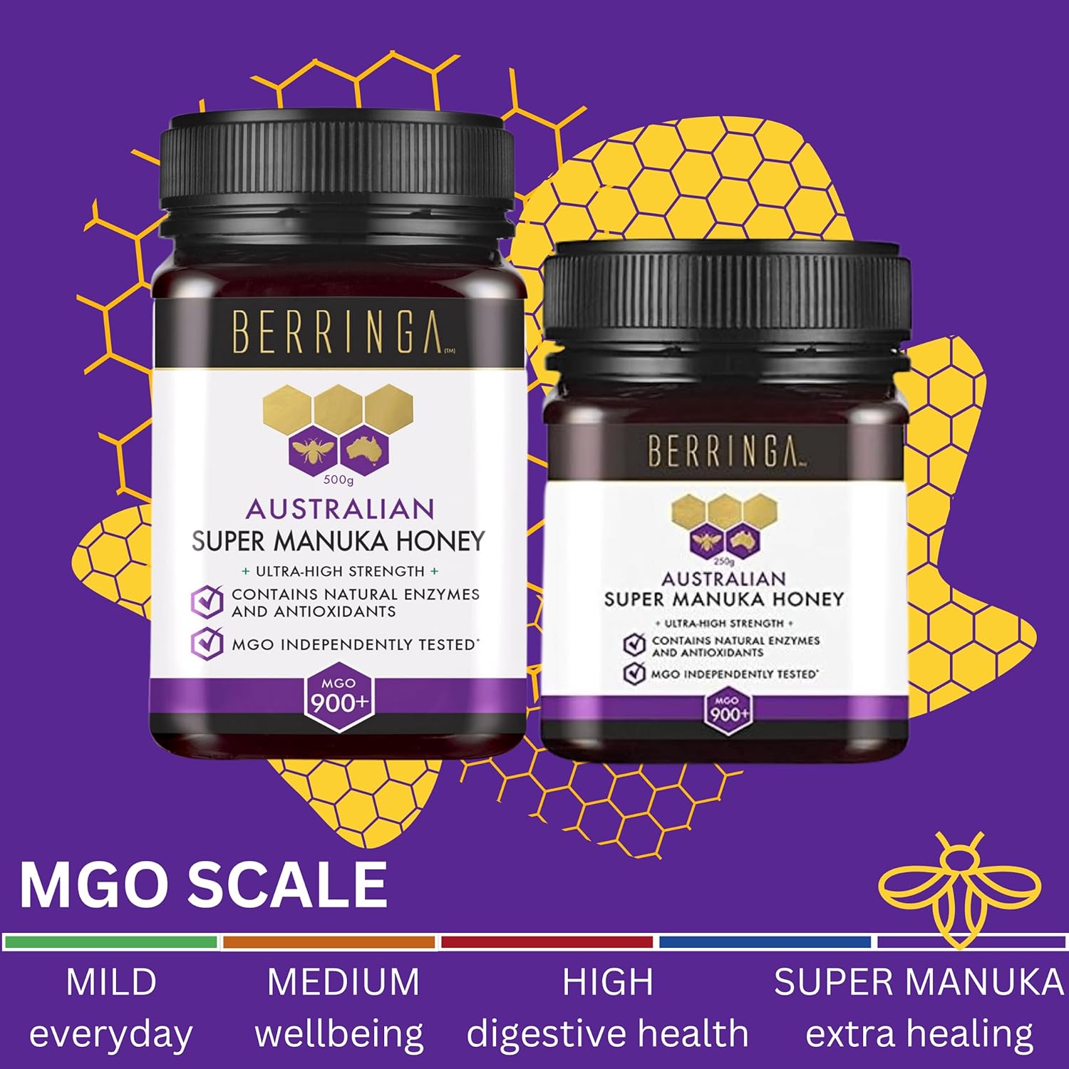 Two bottles of Berringa Australian Super Manuka Honey on a purple background with honeycomb designs.