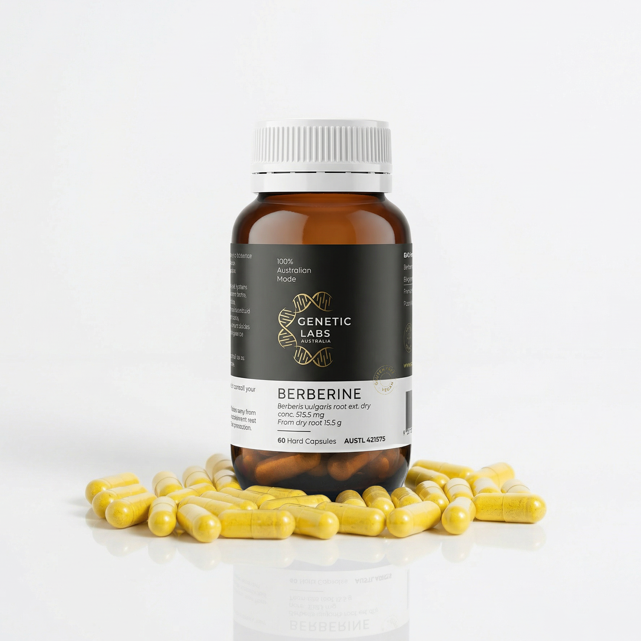 Bottle of Genetic Labs Berberine supplement with capsules on a white background