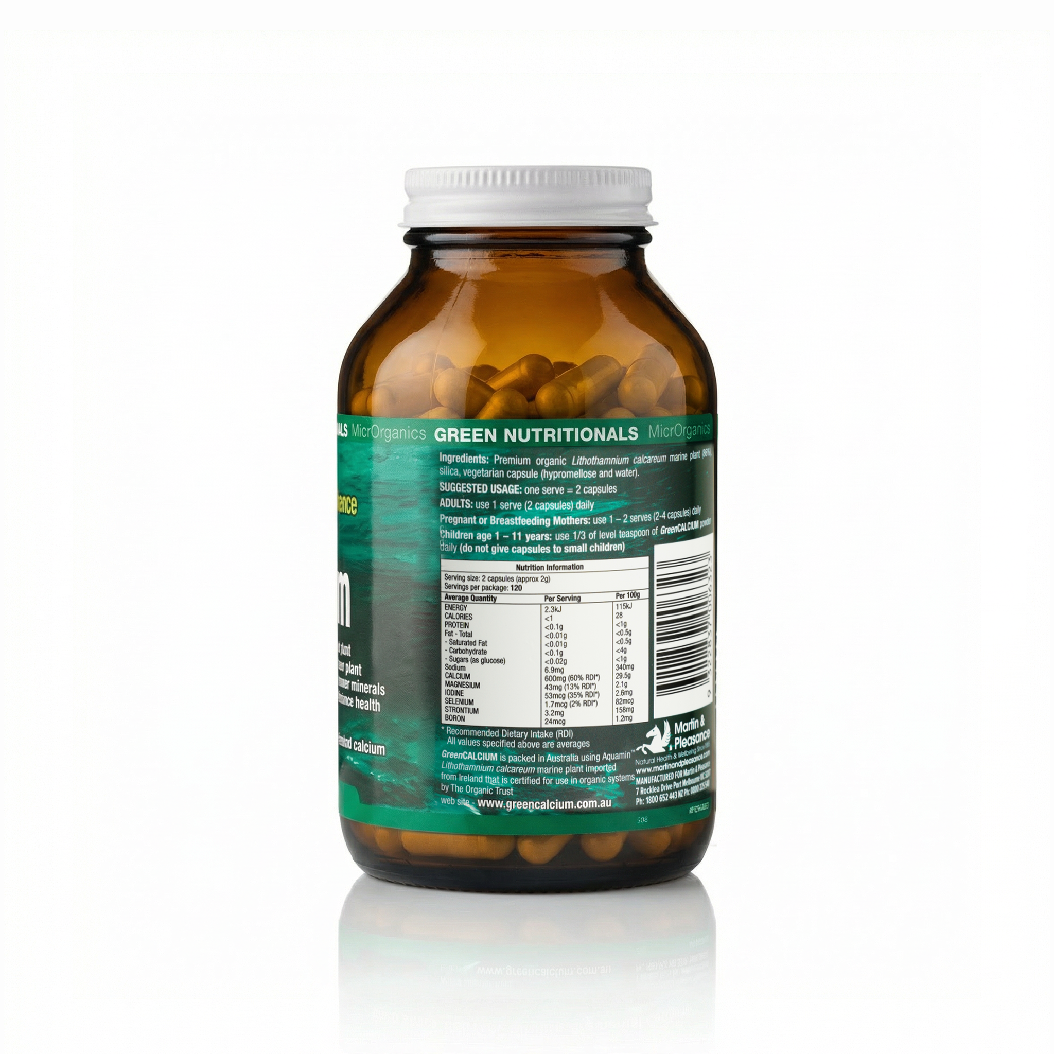 Green Nutritionals GreenCALCIUM marine plant calcium capsules bottle, ingredients and nutrition label