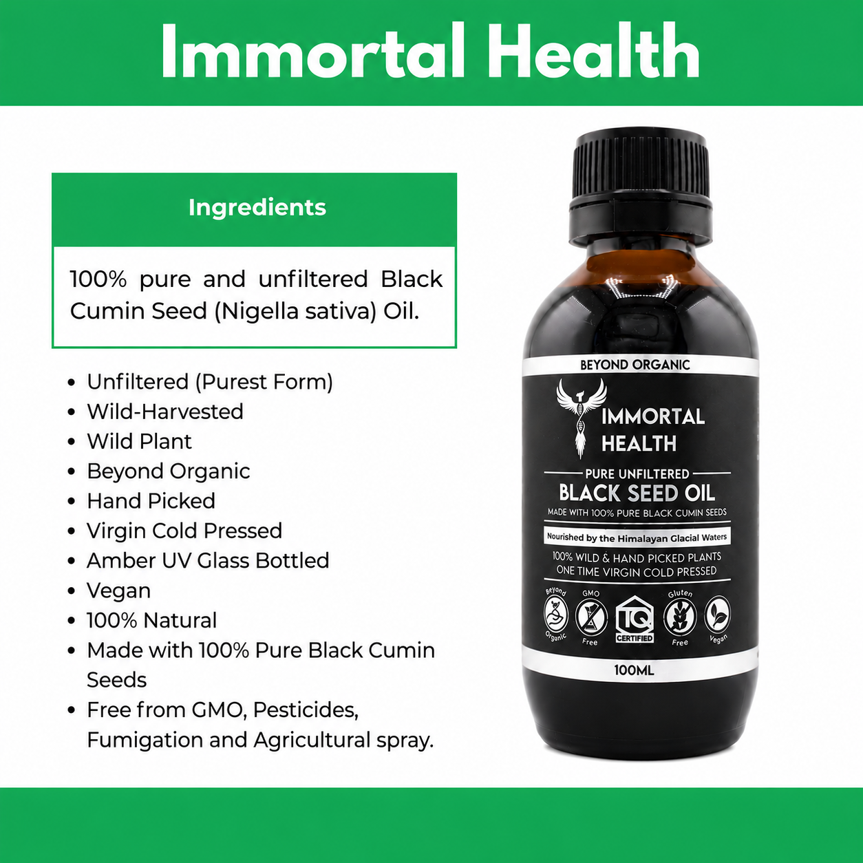 Immortal Health Pure Unfiltered Black Seed Oil — Wild-Harvested Nigella Sativa | 1.9–2% TQ Guaranteed