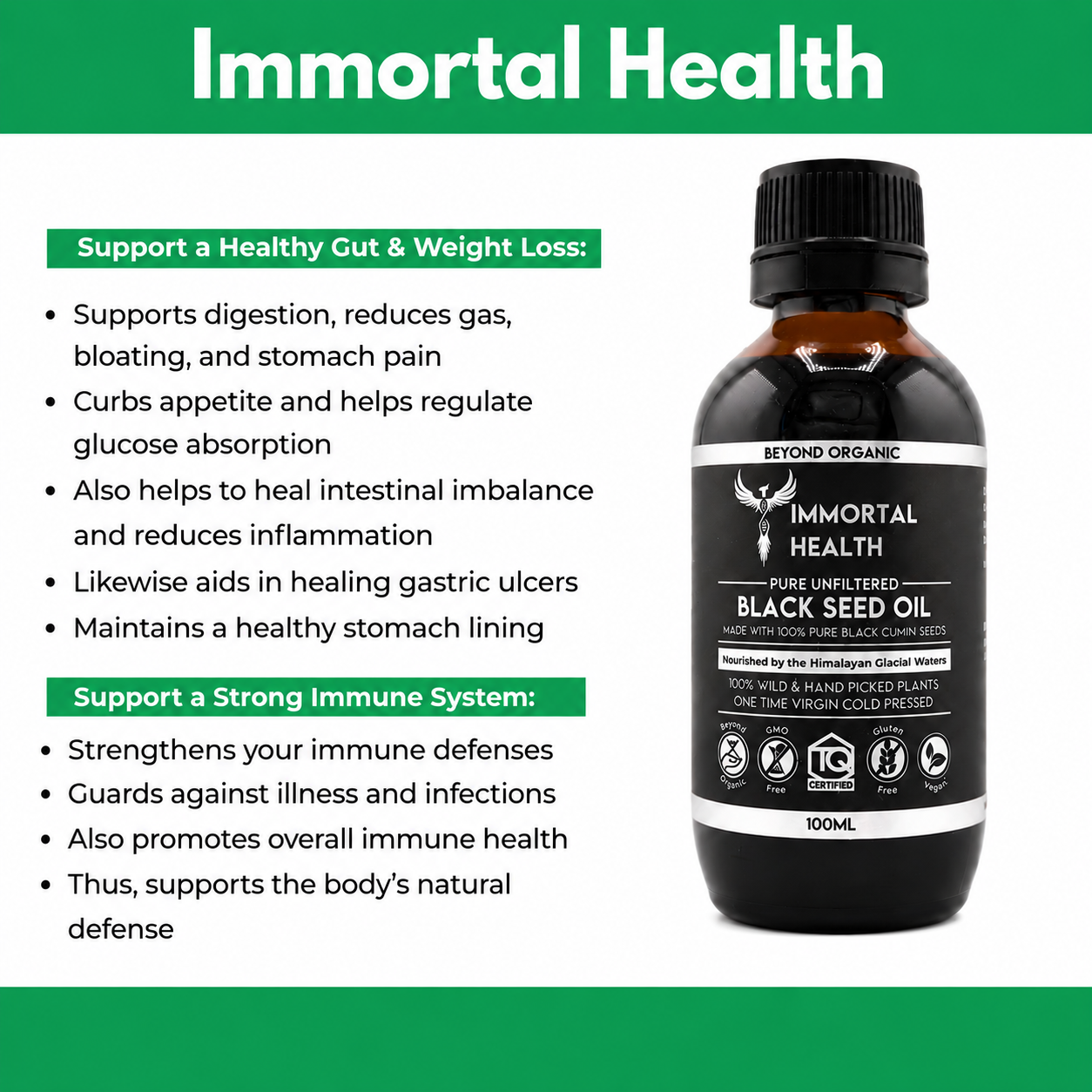 Immortal Health Pure Unfiltered Black Seed Oil — Wild-Harvested Nigella Sativa | 1.9–2% TQ Guaranteed