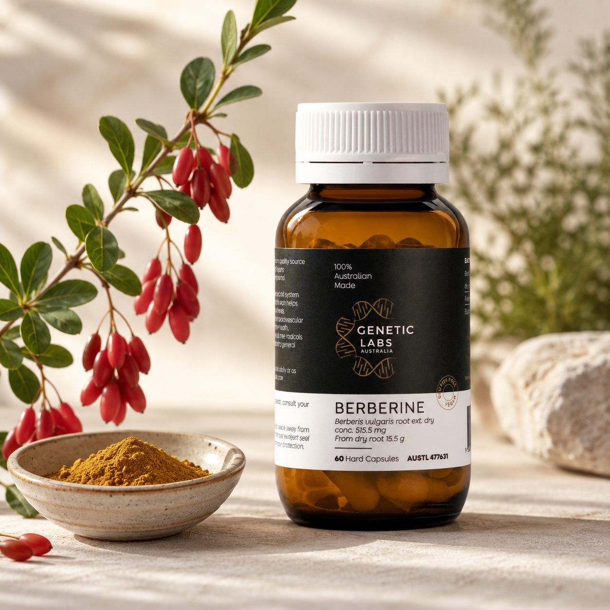 Bottle of Genetic Labs Berberine supplement with a branch of red berries and a bowl of powder on a wooden surface.