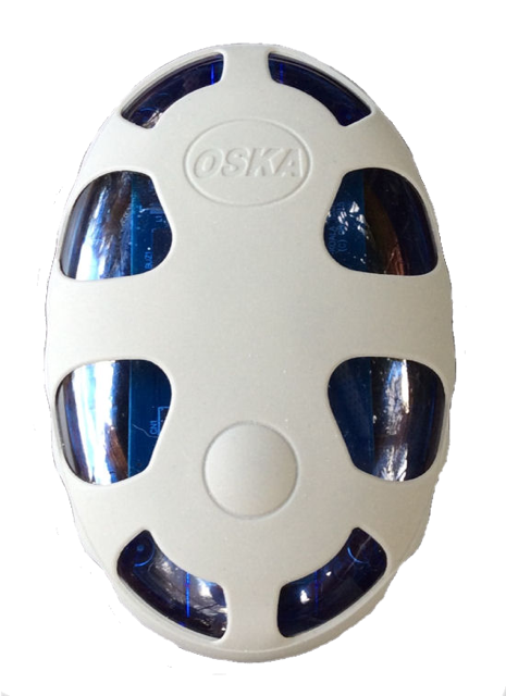 Wearable pain management device. Oval-shaped, white with blue transparent panels and the brand name 'OSKA' embossed on the front, isolated on a white background.