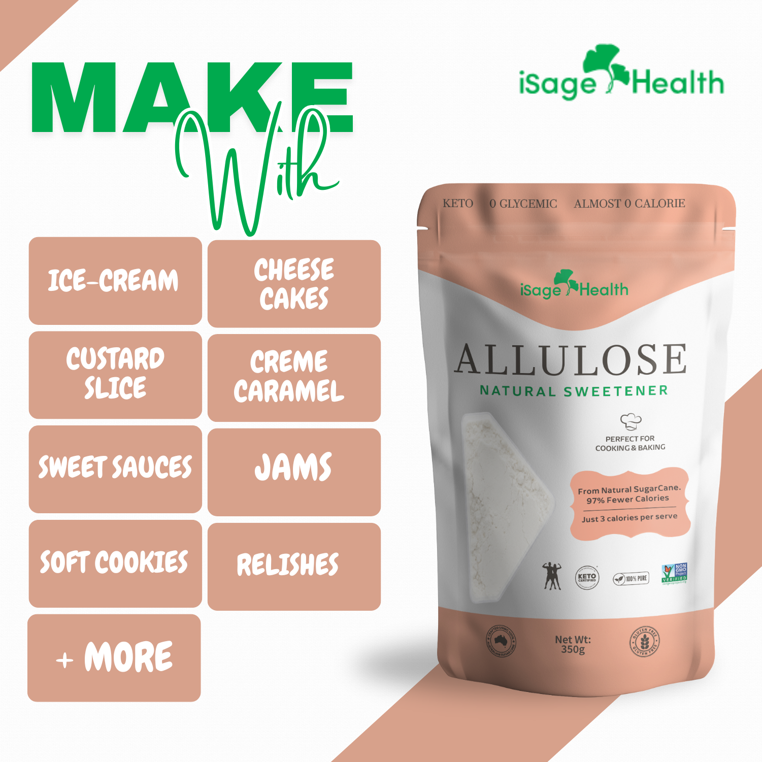 iSage Health Allulose packaging with suggested uses on a white background