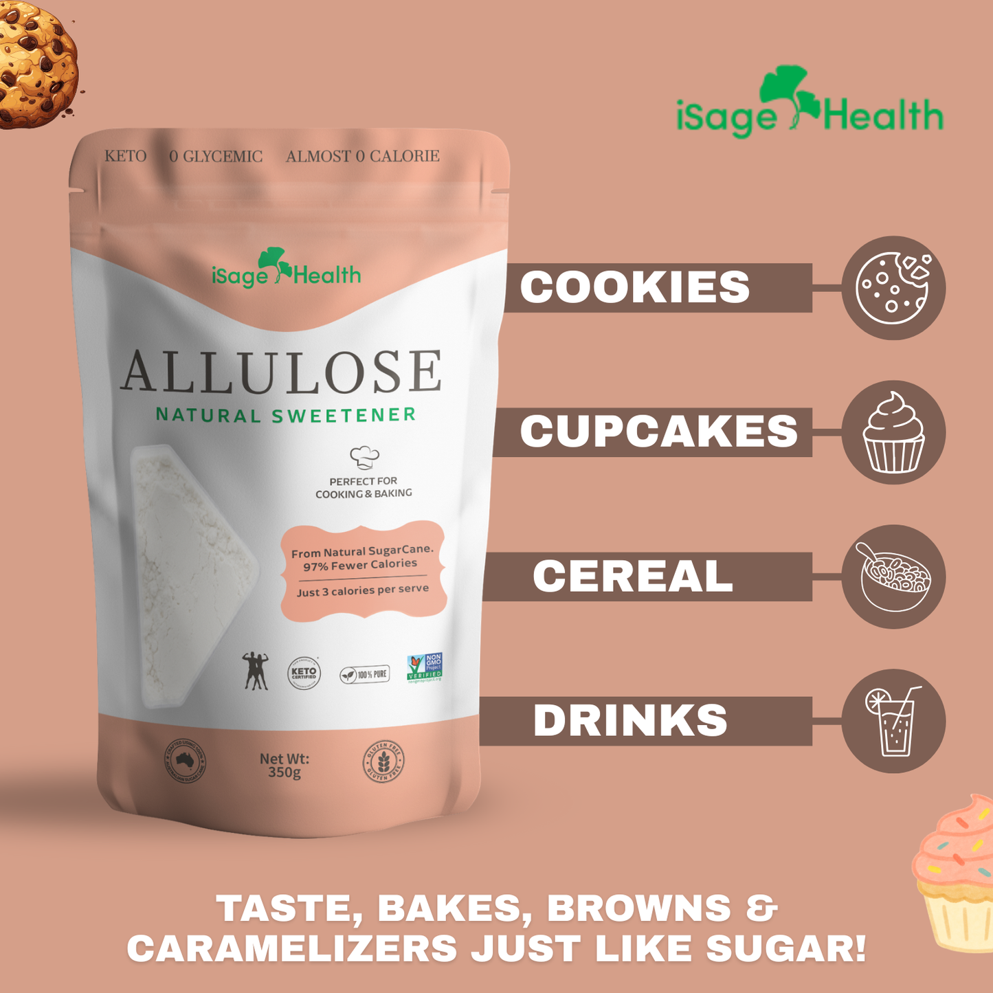 Allulose sweetener package with 'iSage Health' branding on a peach background