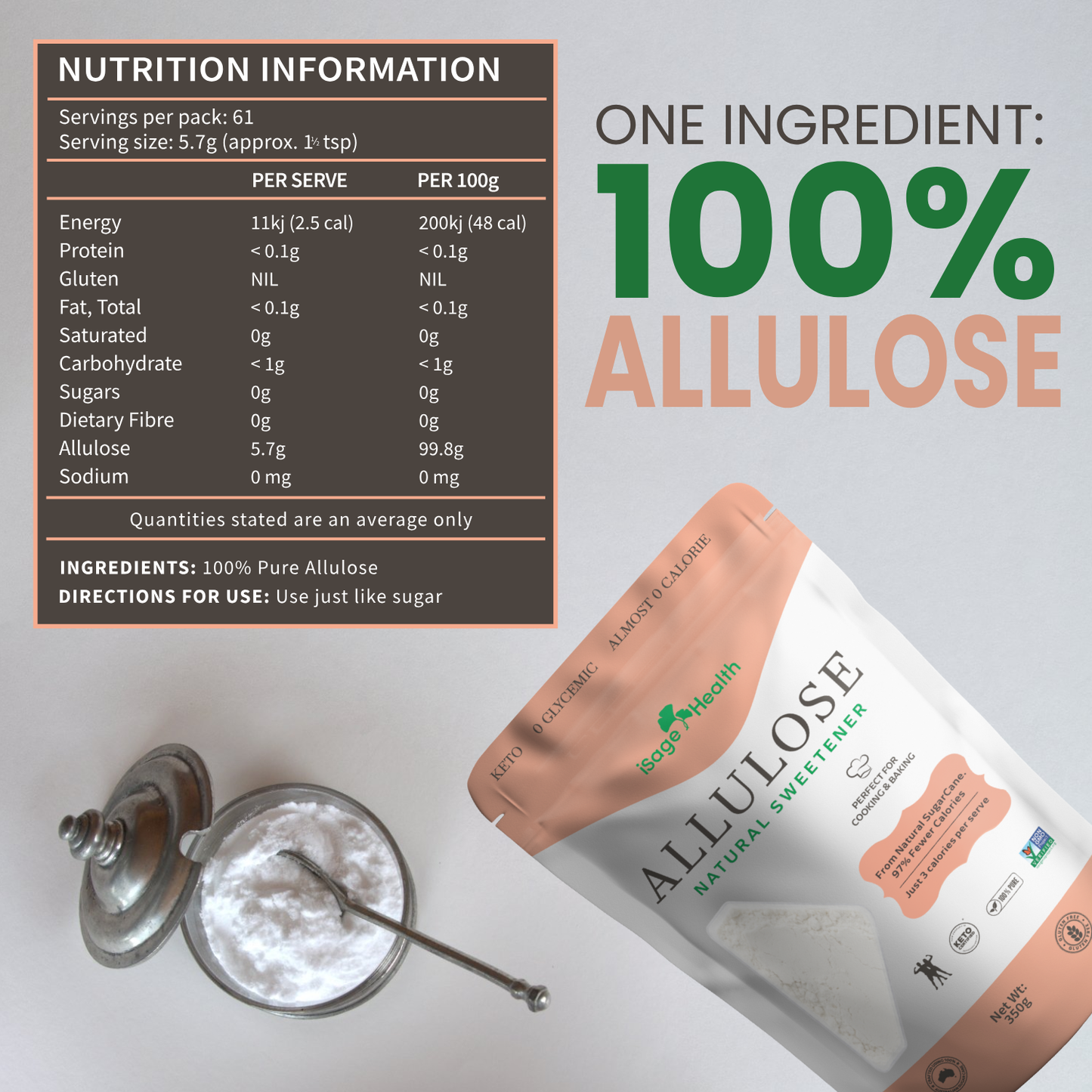 Allulose sweetener packaging with nutrition information on a light gray background
