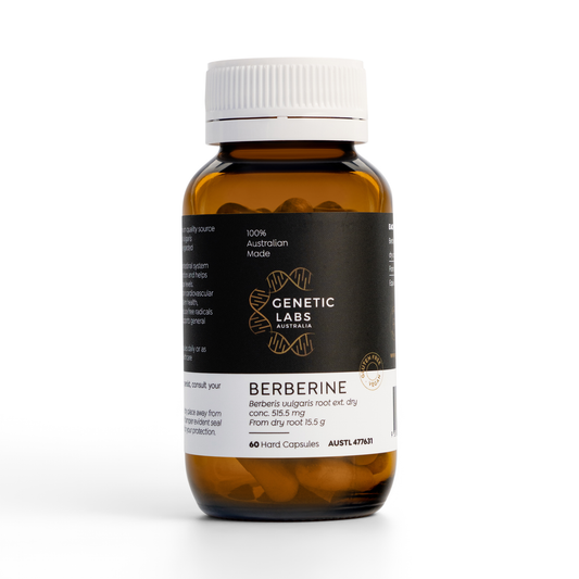 Bottle of Genetic Labs Berberine capsules on a white background