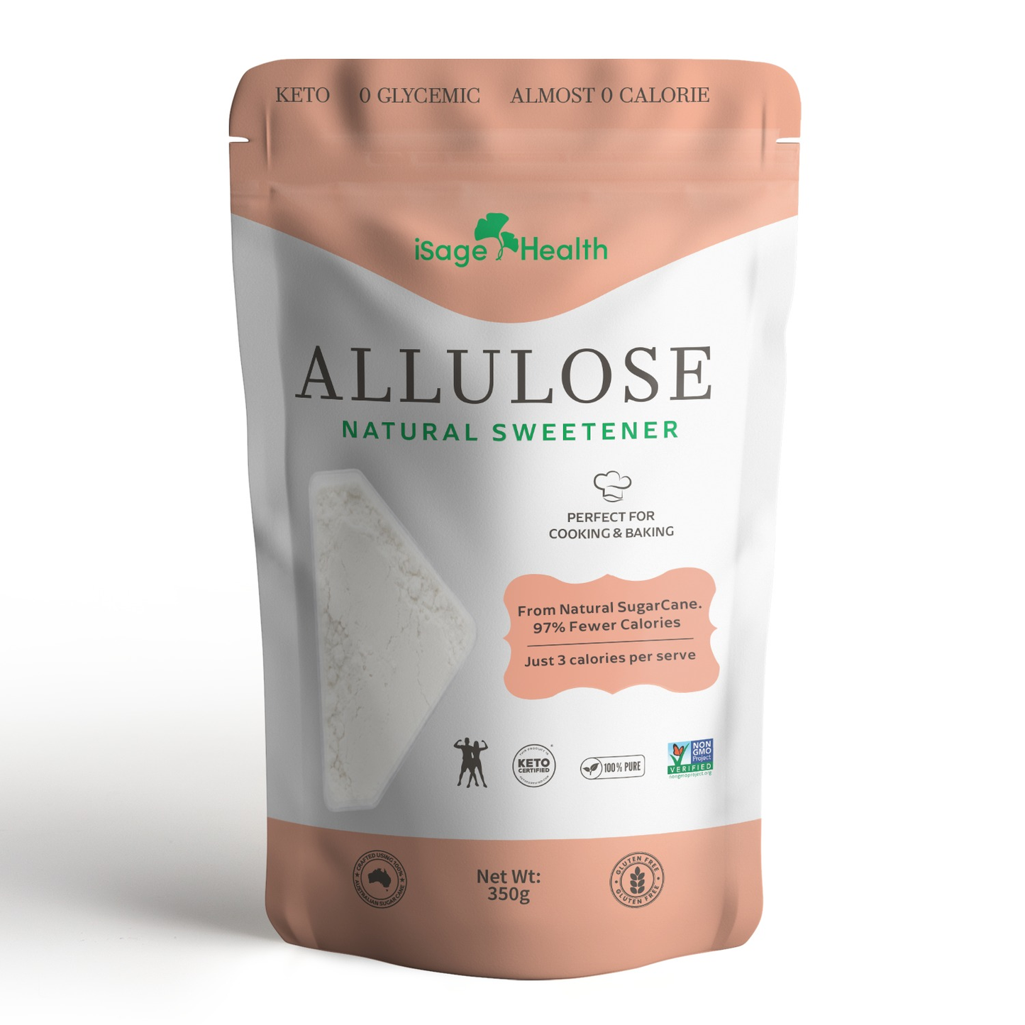 Package of Allulose natural sweetener by iSage Health on a white background